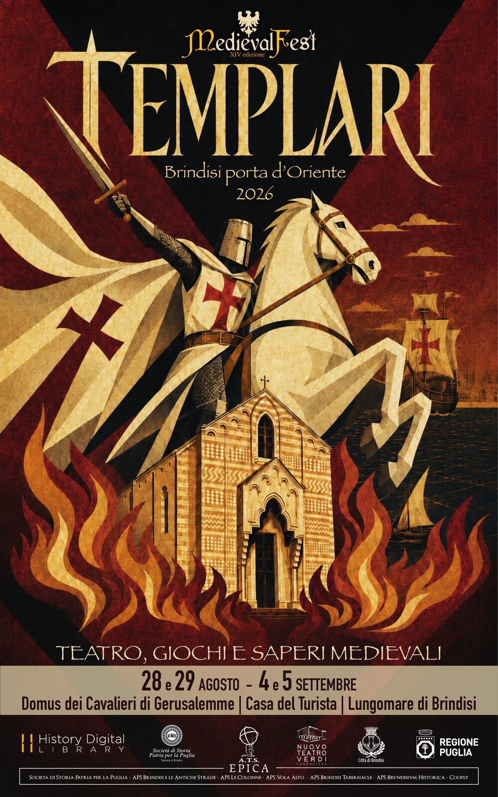 Locandina ufficiale Medieval Fest 2026: Templari - Brindisi porta d'Oriente, cavaliere templare a cavallo davanti a Santa Maria del Casale