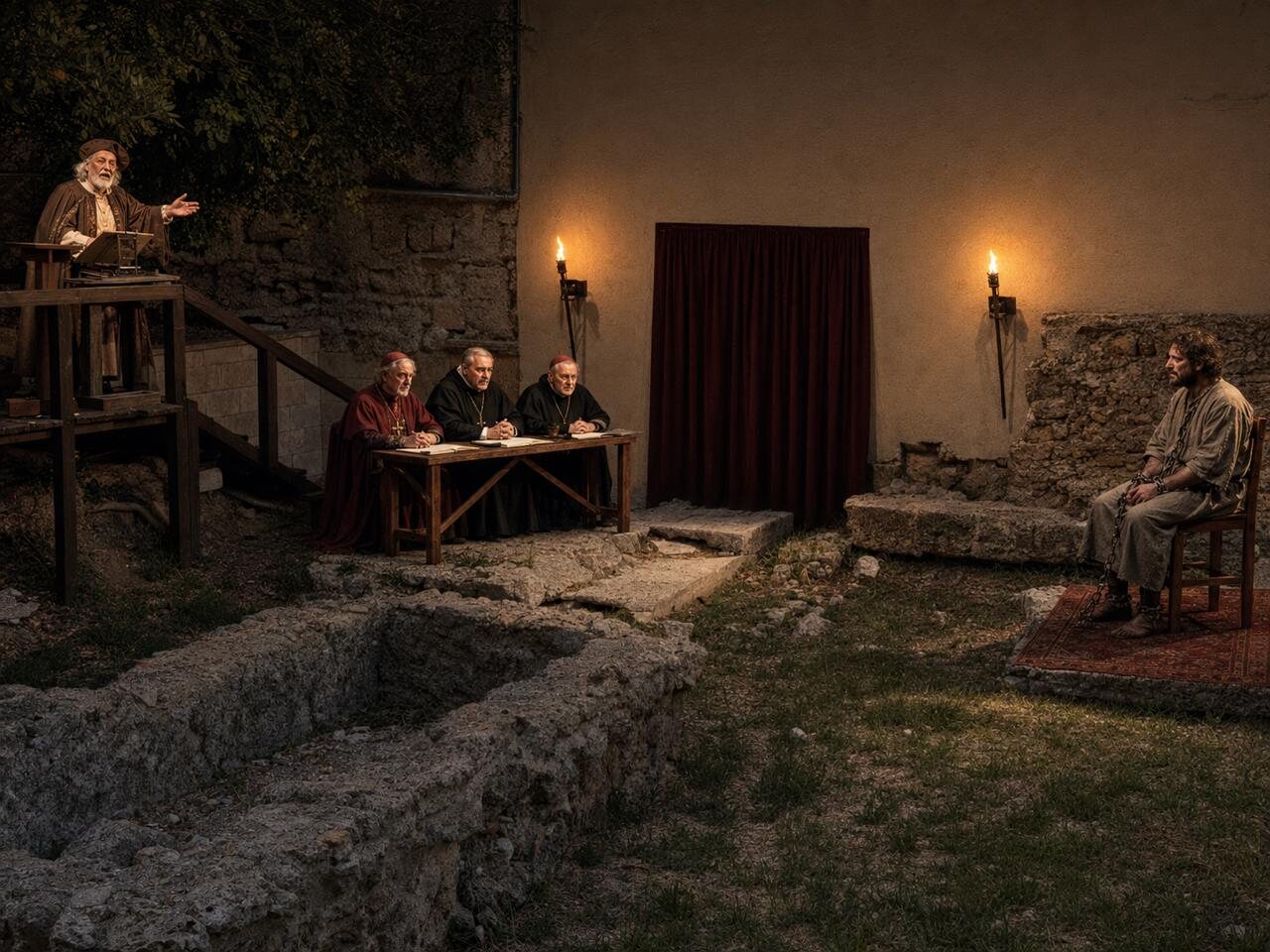 Prova della rappresentazione: il Cantastorie sul palchetto, i commissari al tavolo e l'imputato in scena tra le rovine